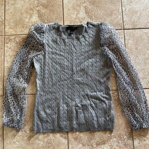 Gray Cable Knit Sweater with Leopard Print Sleeves